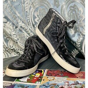 P448 SKATE HIGH TOP SZ38 (7.5) BLACK LEOPARD PRINT LEATHER TEXTILE SNEAKERS